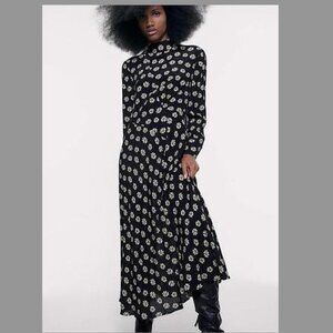 NWT XS Zara Floral Retro Maxi Midi High Neck Long Sleeve Dress Black Minimalist